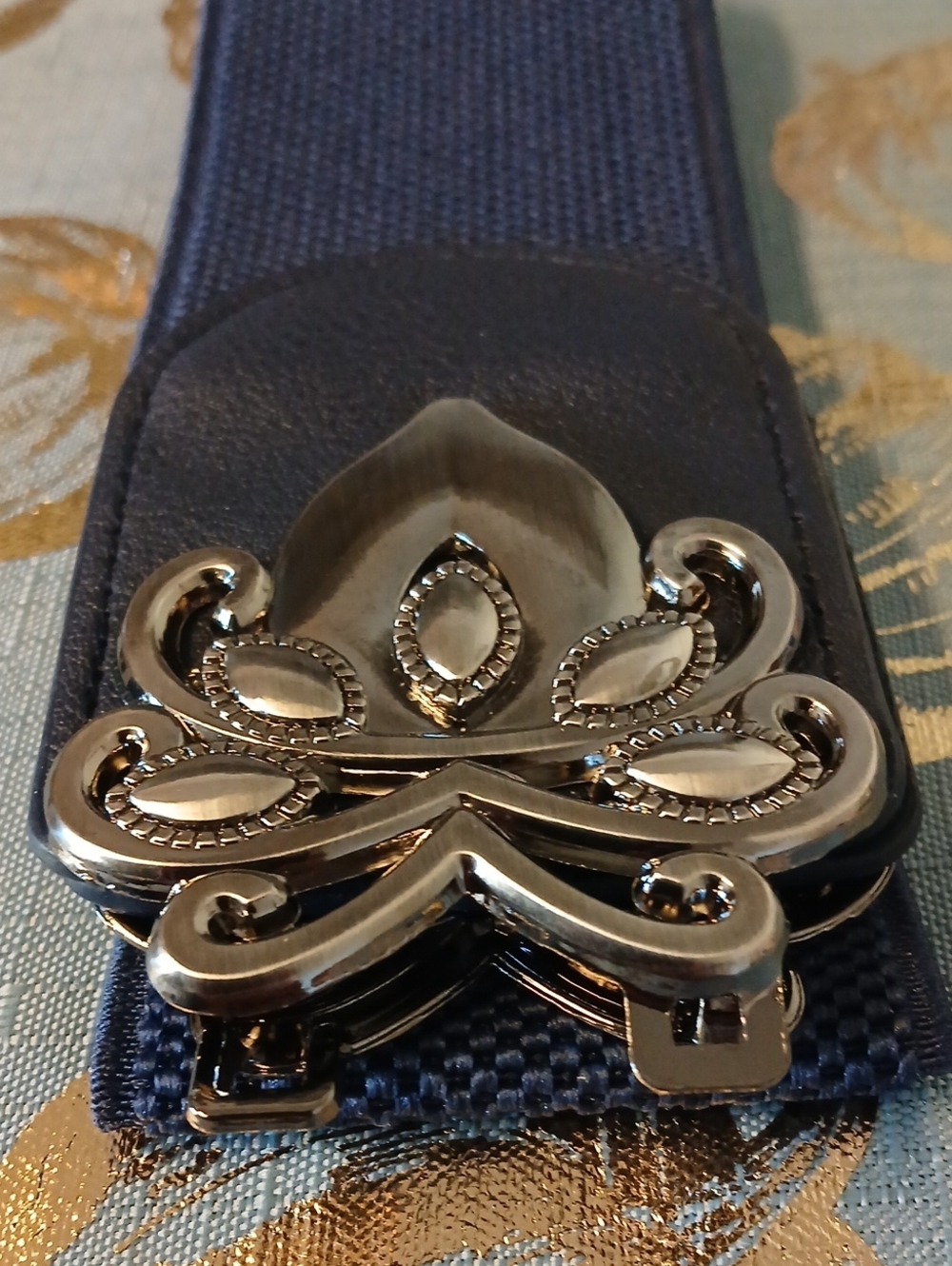 Women's Navy Elastic Belt with Decorative Silver Buckle Never Worn